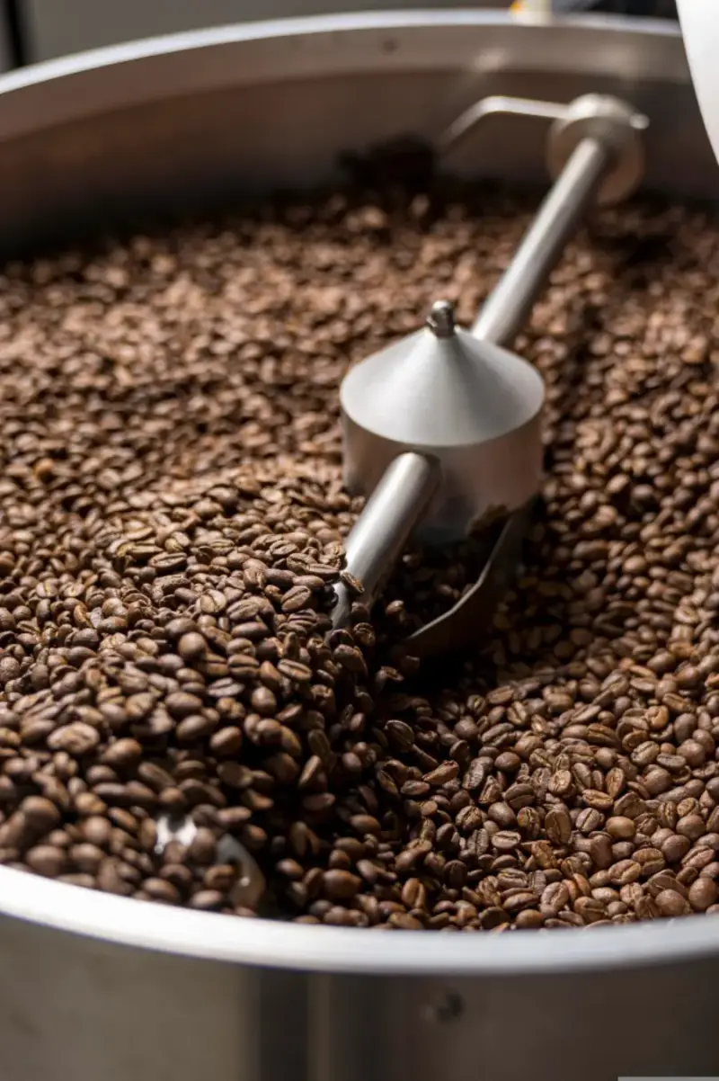 Granos de café en tostadora