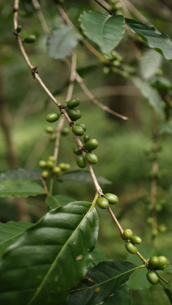 Cerezas de café verdes en la rama, primer plano en finca